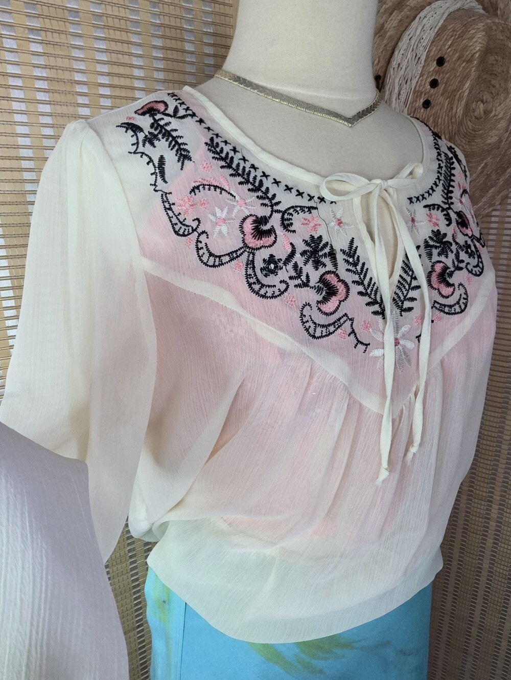Romantic Poet Sheer Sleeve Cream/Ivory Embroidered Floral Blouse, Flowy V-Neck